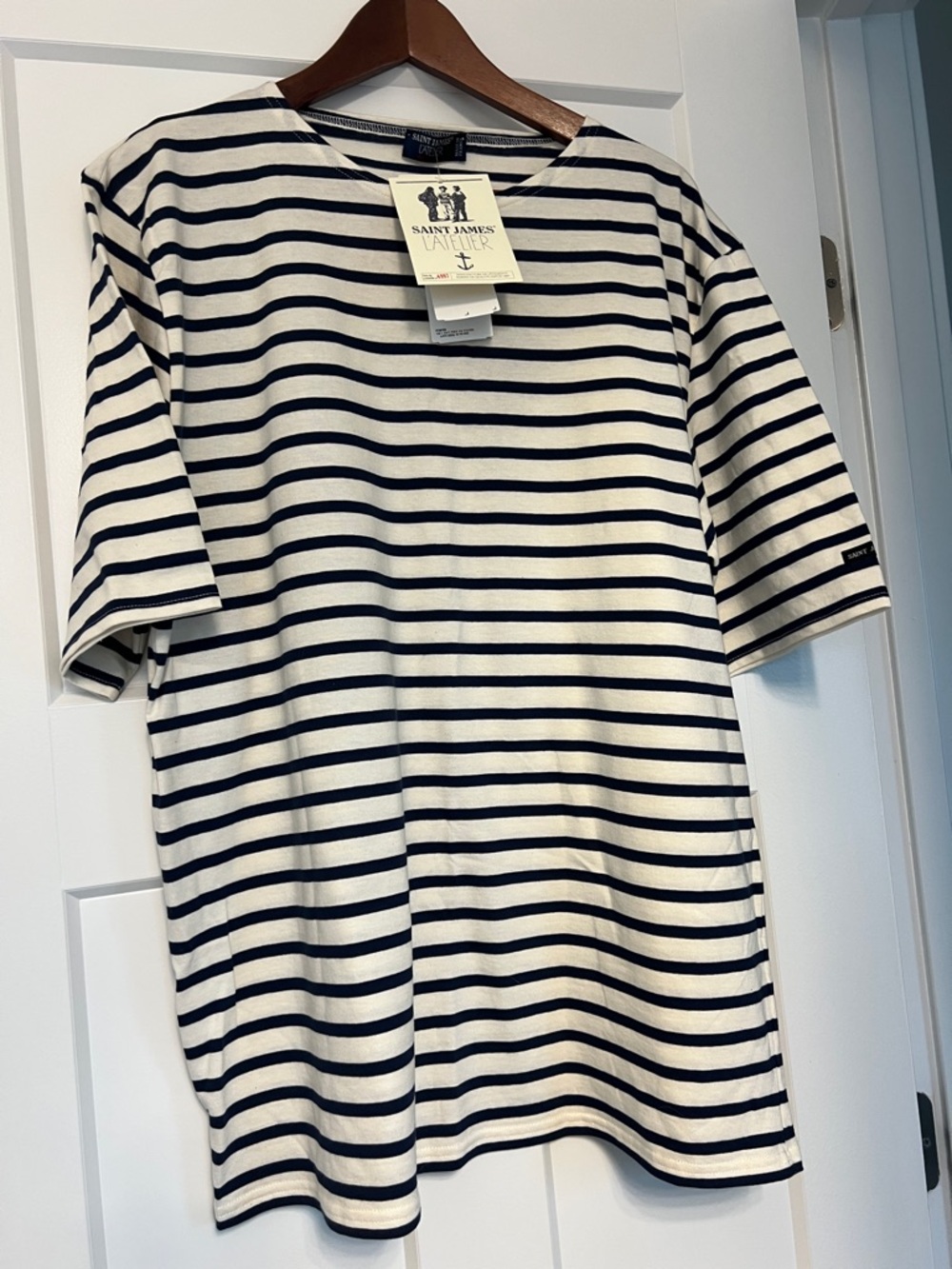 Saint James Short-Sleeve Breton Stripe Tee in White and Navy
